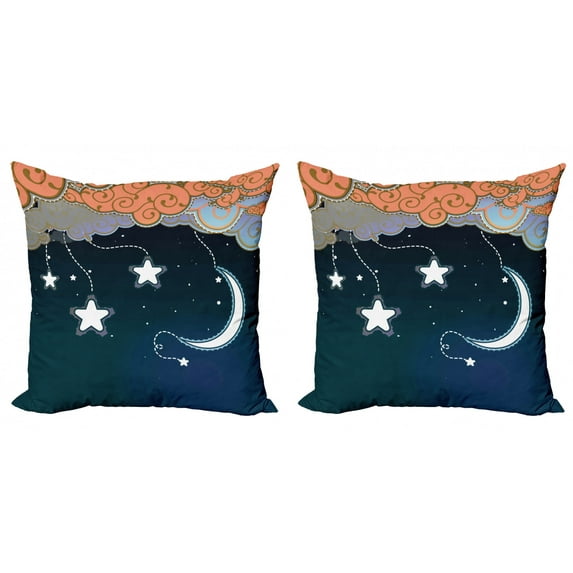 Ambesonne Moon Throw Pillow Cover 2 Pack, Clouds Stars and Moon, 24", Dark Blue Salmon White
