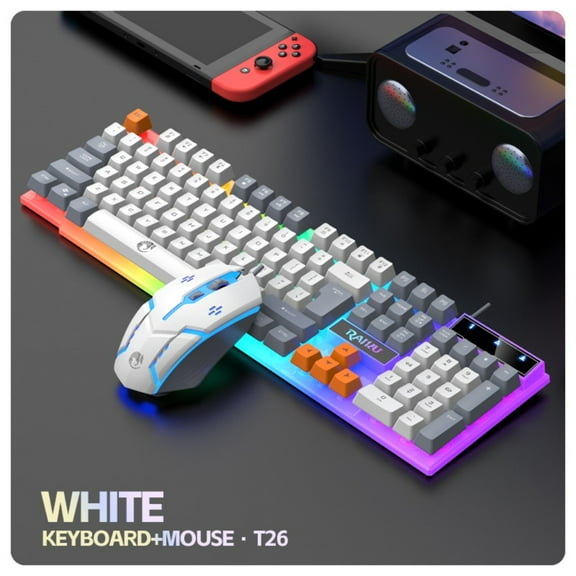 Wired 104-key gaming keyboard and mouse combination, RGB backlight, gaming mouse - compatible with PC (white/gray/orange), gaming accessories; smooth mouse design; smooth structure