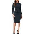 thumbnail image 1 of Vestido de trabajo midi ajustado de peplum para mujer, de cuello redondo, de manga larga, de cintura alta, color gris oscuro, talla L, 1 of 6