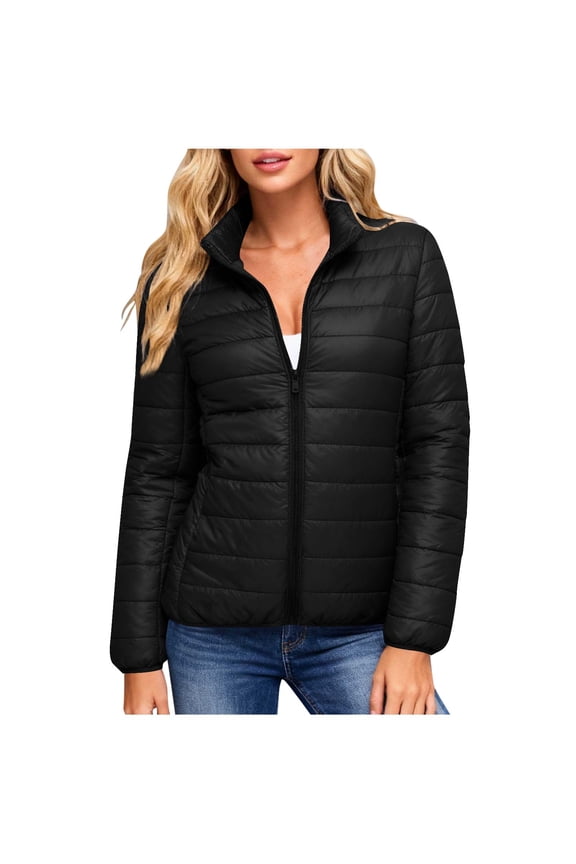 Womens Winter Trendy Warm Puffer Jackets 2025 Women's Solid Color Double Pocket Zipper Stand Up Collar Long Sleeved Casual Fashion Parkas