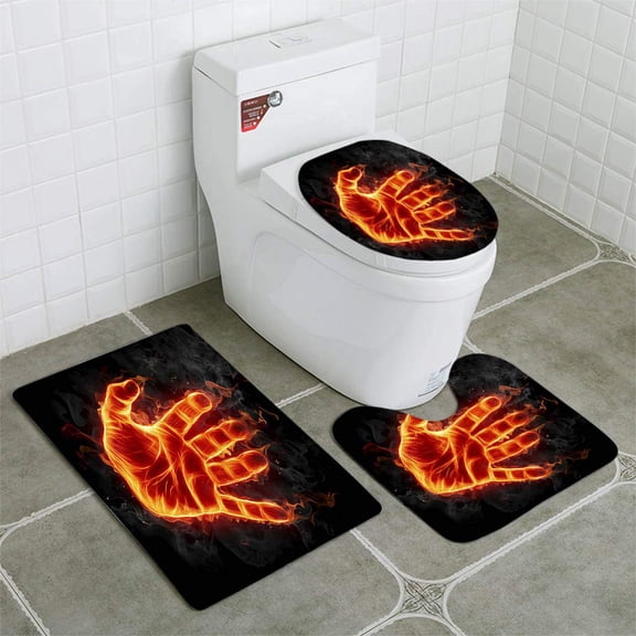 GOHAO Fire Hand Burning Against a Black 3 Piece Bathroom Rugs Set Bath Rug Contour Mat and Toilet Lid Cover