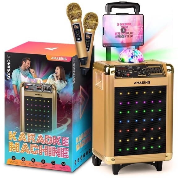 Open Box Masingo Soprano X1 Gold Bluetooth Karaoke Machine PA Speaker System with 2 Wireless Dual Microphones