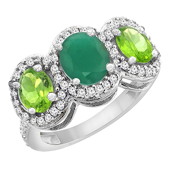 10K White Gold Natural Emerald & Peridot 3-Stone Ring Oval Diamond Accent, size 9