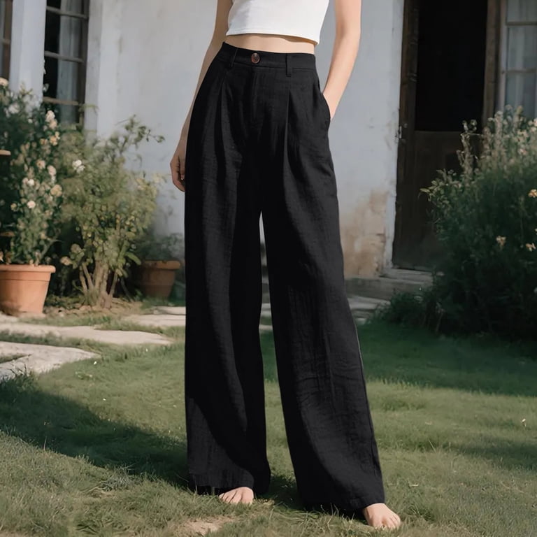 Vbvc Women's Cotton-Linen Dress Pants,High Waisted Buttoned Work Trousers For Women,Ladies Summer Wide Leg Business Pants with Pockets,Black,S-2XL