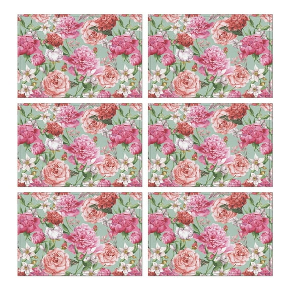 Wildflower and Rose Bloom Table Mats, Set of 6 Wrinkle Free Heat Resistant Flax Placemats with Butterfly Bee Pattern for Spring Summer Farmhouse Dining Decor