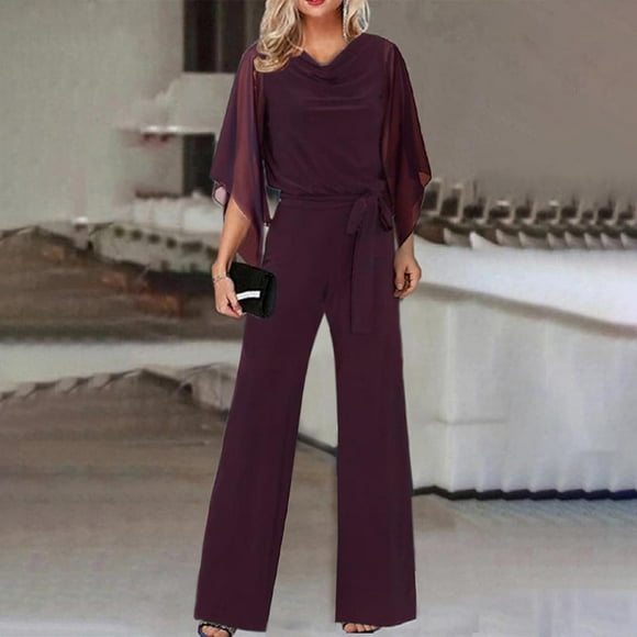 Pavied Work Pants Women,Palazzo Pants for Women,Jumpsuit Elegant Wedding Pant Suit Long Jumpsuit Casual Pant Suit 3/4 Sleeve Jumpsuit High Waist Jumpsuit Jumpsuit Holiday Party Jumpsuit,Red L