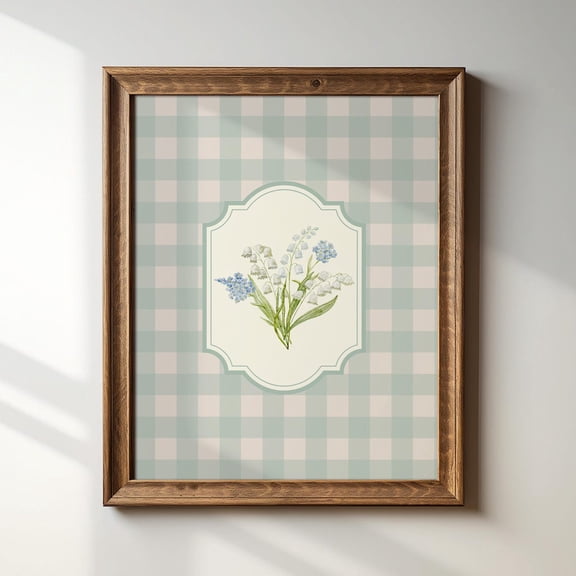 Lily Of The Valley, Light Blue Gingham Vintage Illustration Print, Art Print, Trendy Decor, Kids Room, Nursery Wall Art, Modern Wall Decor For Living Room, 8x12 UNFRAMED