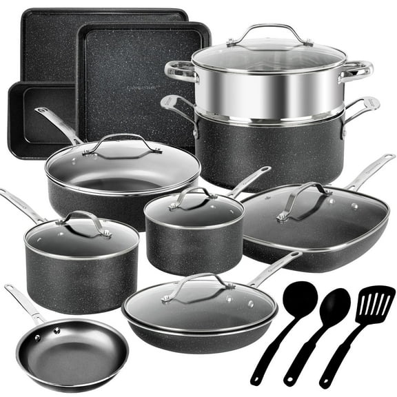 Granitestone 20 Pc Complete Pots and Pans Set Non Stick, Cookware Set with Deep Frying Pan Set, Bakeware Cooking Utensils, Oven and Dishwasher Safe