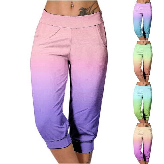 Women's Casual Elastic Tie Waist Loose Long Pants Printing with Pocket Capris | Aestivo,Green L