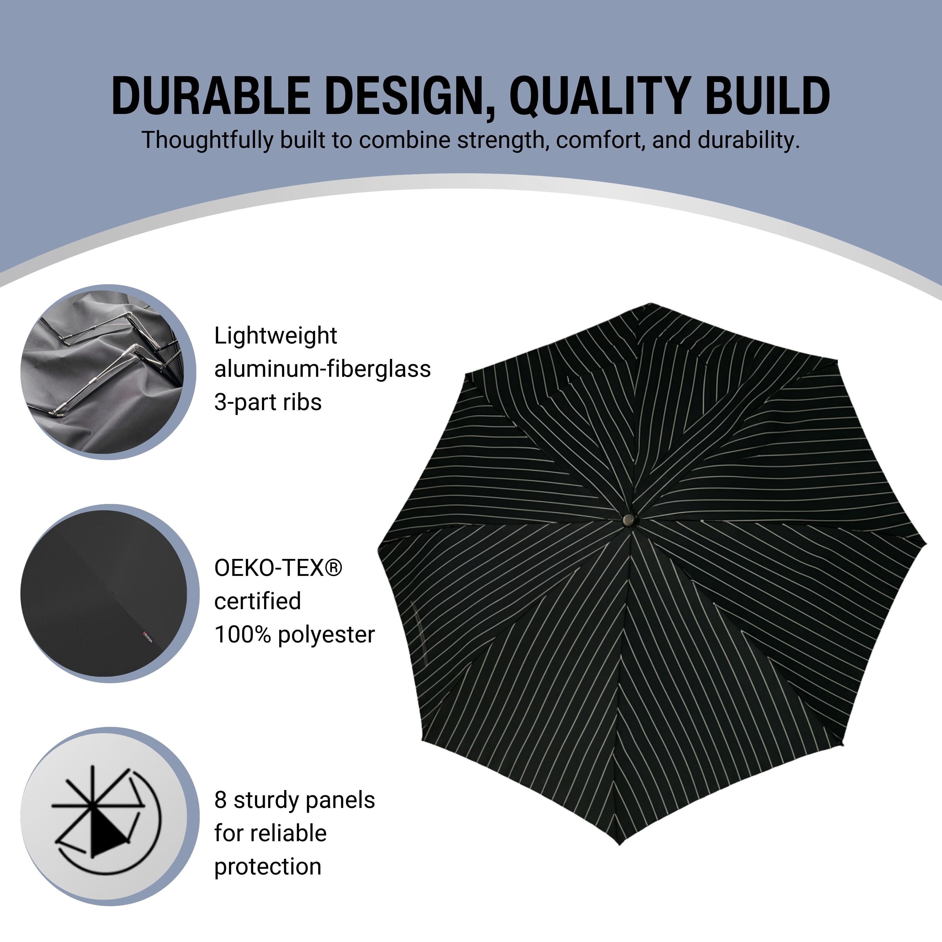 Knirps T.260 Duomatic Medium Pocket Rain Umbrella in Gatsby – Automatic Open Close, Wind-Tunnel Tested to 93mph, Hook Handle Design, 38in Canopy, OEKO-TEX, Fits in Backpacks & Purses