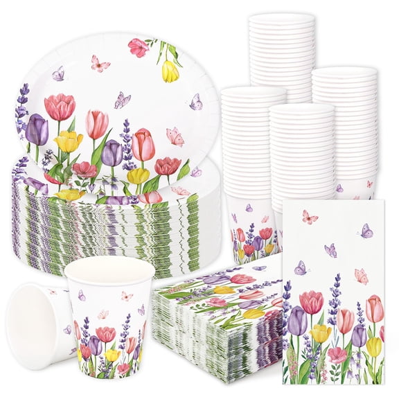 FYSUIMU Summer Tulip Oval Plates and AFN1Napkins Party Tulip Flower Disposable Tableware Set Blooming Floral Large Dessert Platter Serves 24 Guests for Baby Bridal Shower Birthday Party Favors