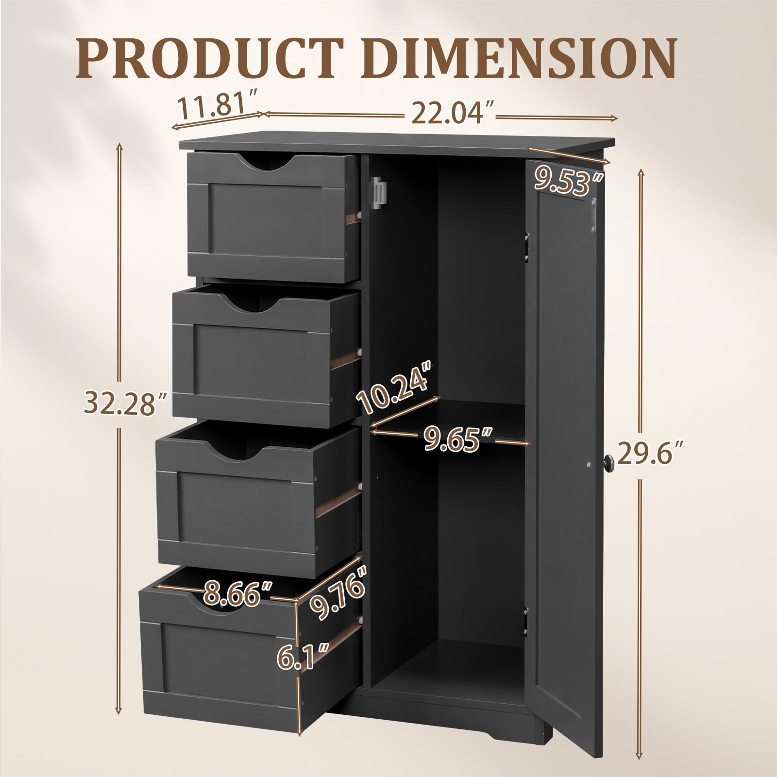 Ktaxon Wooden Bathroom Floor Cabinet, Side Storage Organizer with 4 Drawers, 1 Cupboard & 2-Shelves, Black
