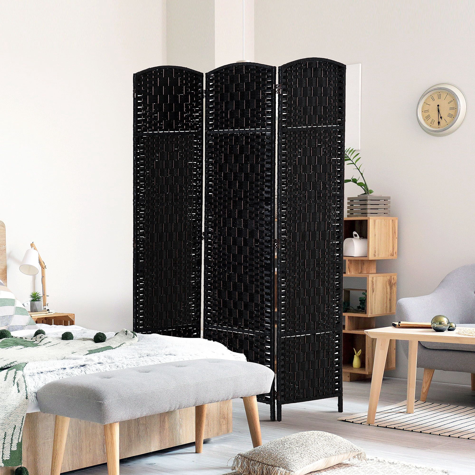 Dranite 3-Panel Folding Room Divider, 6FT Tall Portable Wicker Weave Privacy Screen, Black Partition Wall for Bedroom Home Office