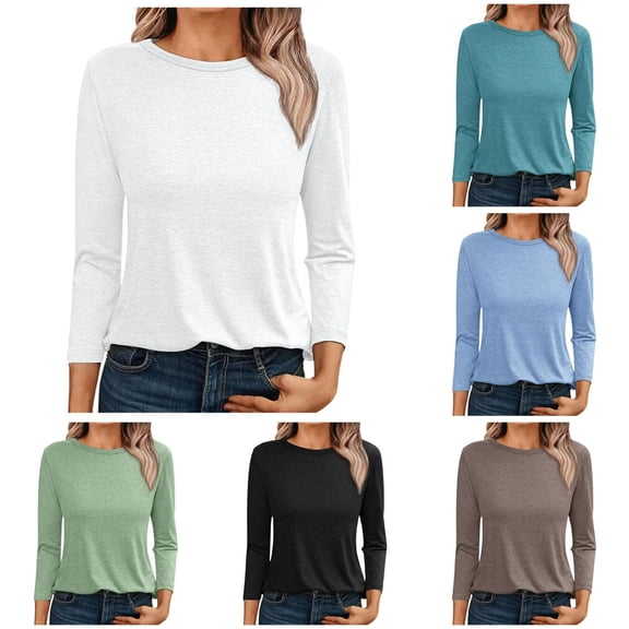 Rggeeun Women'S Tee Shirts Solid Color Summer Knit Long Sleeve Crew Neck Relaxed Fit Soft Breathable for Beach Wear Fashion Tees,White,S