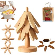 Minibee Foldable Kitchen Tree Trivet Set | 3-Piece Natural Tree Trivet Set with a Holder Perfect for Pots, Bowls, and Pans