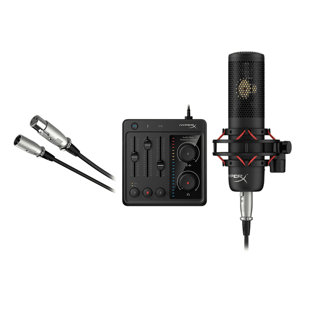 hyperx creator audio bundle mezclador USB de 3 pistas negro con faders y perillas al centro, micrófono condensador negro con diafragma dorado en shockmount a la derecha y cable XLR plateado a la izquierda sobre fondo blanco; diseñado para streaming y grabación de contenido, también apto para micrófonos XLR y entradas de línea.