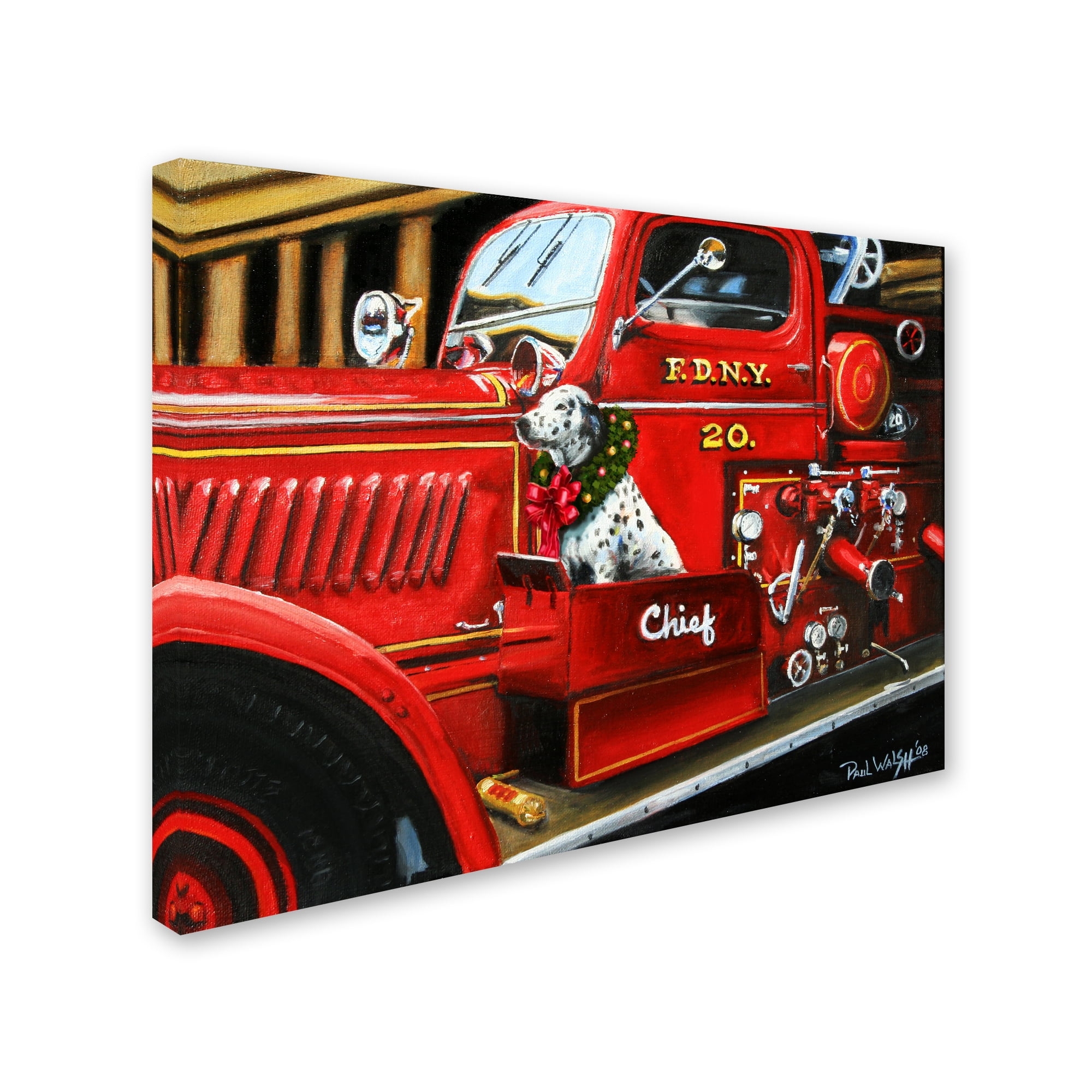 Trademark Fine Art 'Dalmatian Christmas Firetruck' Canvas Art by Paul Walsh