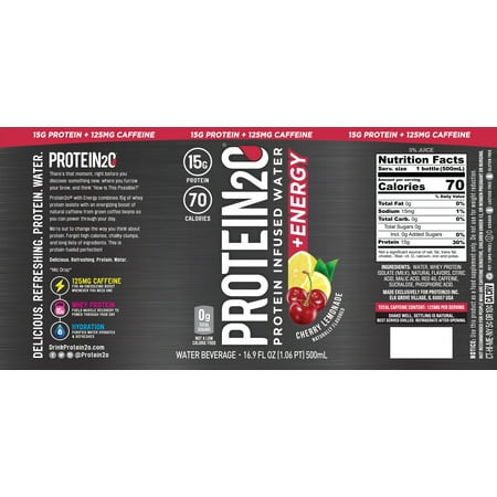 Protein2o 15g Whey Protein Infused Water Plus Energy, Cherry Lemonade, 16.9 oz Bottle (4 Count)