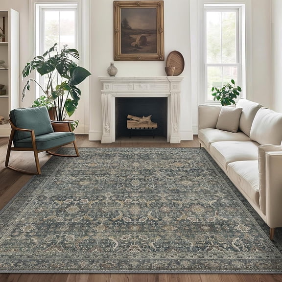 8X10 Area Rugs Machine Washable Rugs for Living Room, Vintage Boho Large Rugs for Bedroom Dining Room, Non Slip Indoor Soft Distressed Lightweight Thin Low Pile Carpet, Deep