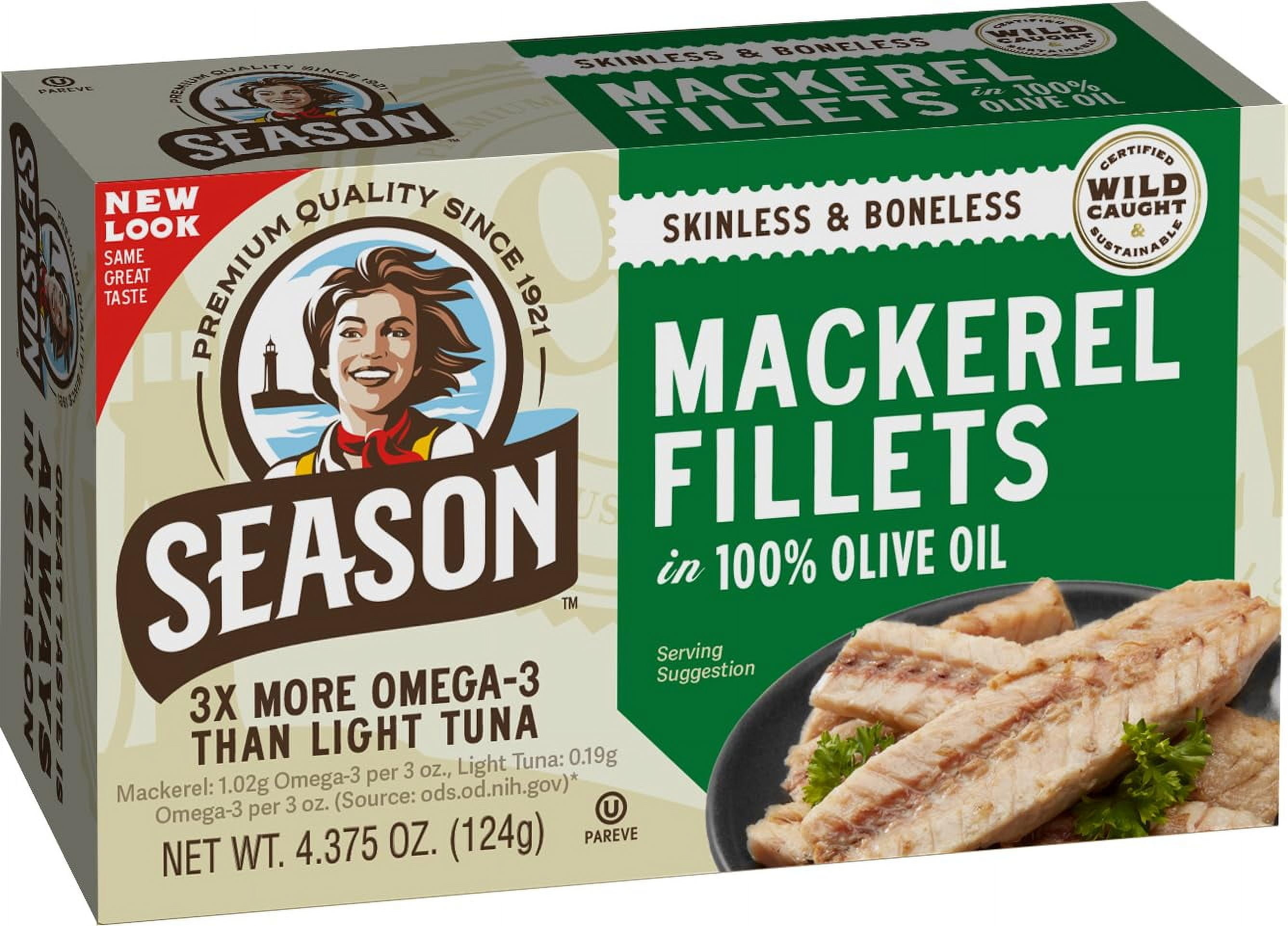 Pack of 12, Seasons Skinless & Boneless Mackerel Fillets in Olive Oil, 4.375 oz​
