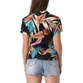 thumbnail image 3 of CAMISAS DE MUJER INSPIRADAS CHIC Hawaianas de Manga Corta con Botones de Flores Tropicales en Negro, 3 of 6