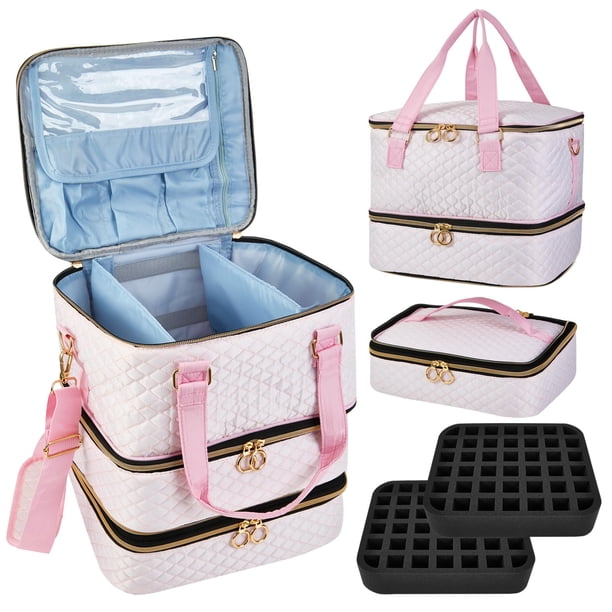 Estuche organizador de esmaltes de uñas Cheungren de tres capas, color rosa