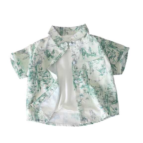 GUZOM Kids Boys Hawaiian Shirt Bamboo Print Quick Dry Casual Button Down Short Sleeve Tops Mint Green,Size 5-6T