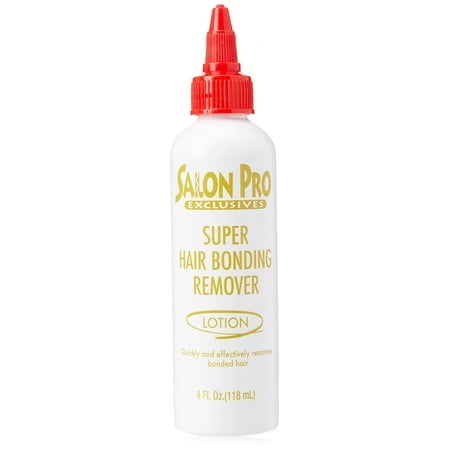 Salon Pro Exclusive Super Hair Bonding Glue Remover, 4oz bottle with a white body and red applicator tip. Ideal for hair care, it effectively removes bonding from human and synthetic hair, suitable for wig glue removal. Features gold text labeling.