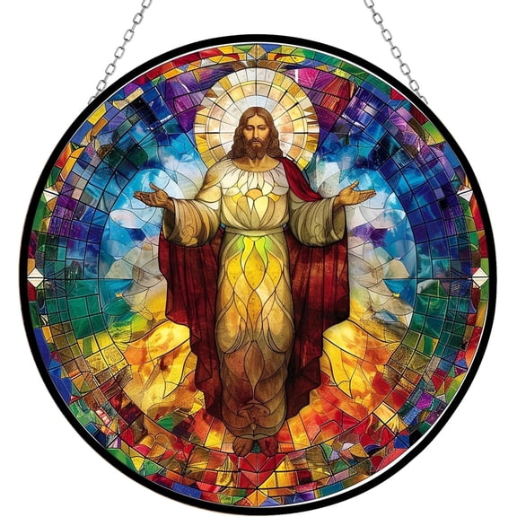 Christ Jesus Stained Glass Cat Sun Catcher, Wall Hanging Colored Decor Room Indoor Window Decor, Halloween, Christmas Hanging Ornament