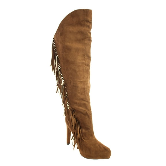 Qupid Womens Faux Suede Knee High Almond Toe Fringe Stiletto Boot Black 8