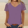 thumbnail image 2 of DHFJKG Women's Short Sleeve T Shirt V Neck Patchwork Lace Crochet Solid Color Summer Fashion Tee Casual Dressy Work Tunic Versatile Tops, 2 of 8