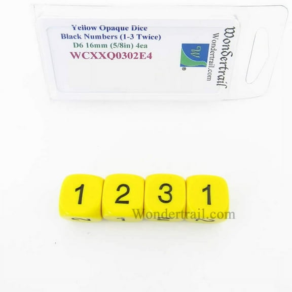 Yellow Opaque Dice with Black Numbers D3 (D6 1-3 Twice) 16mm (5/8in) Pack of 4 Wondertrail