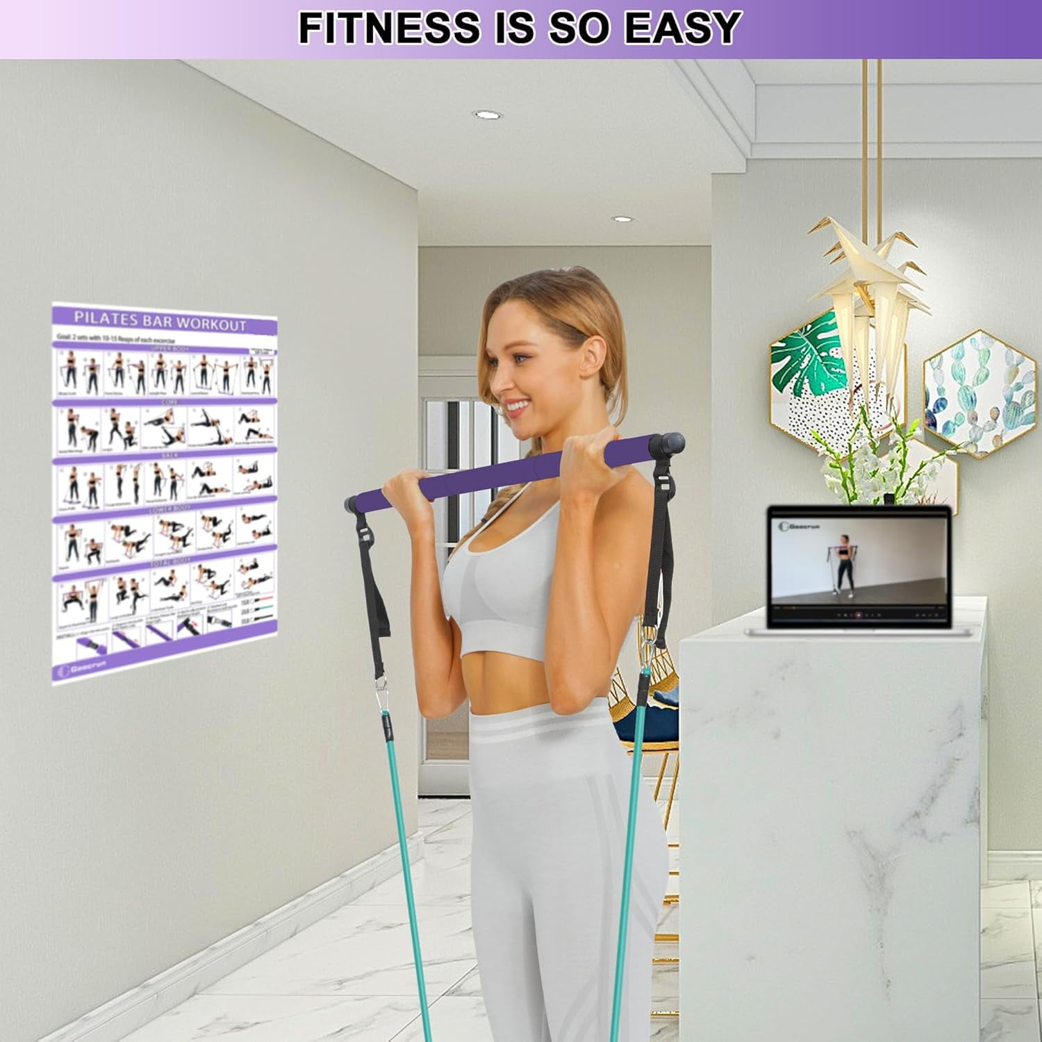 Portable Pilates Bar Kit With Resistance Bands For Men And Women 3 Set Exercise Multifunctional Home Gym Supports Full Body Workouts Fitness Poster Video