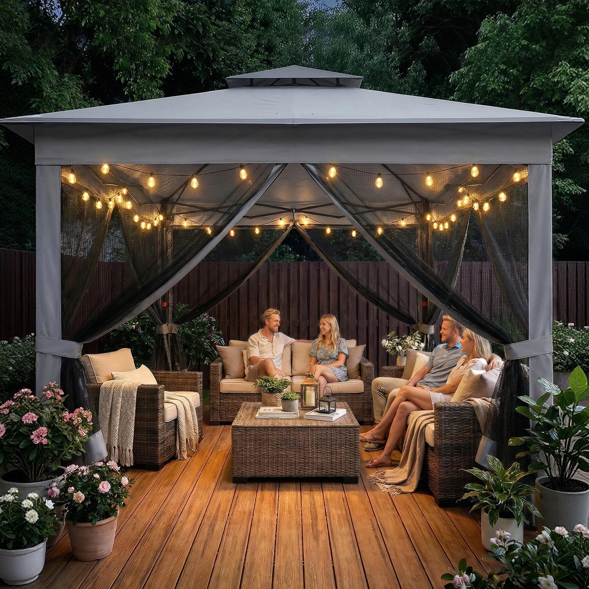 Advwin 11x11 Pop Up Gazebo Tent with Netting, Instant Outdoor Canopy Shelter with Wheeled Carry Bag, Double Roof Vent, 3 Adjustable Heights, Portable Canopy for Patio,Gray