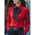 thumbnail image 2 of Women B-Ow Tie Neck Blouse Elegant Loose Button Down Ruffle Trim Shirts Long Sleeve Lapel Collar Tops Red L, 2 of 3
