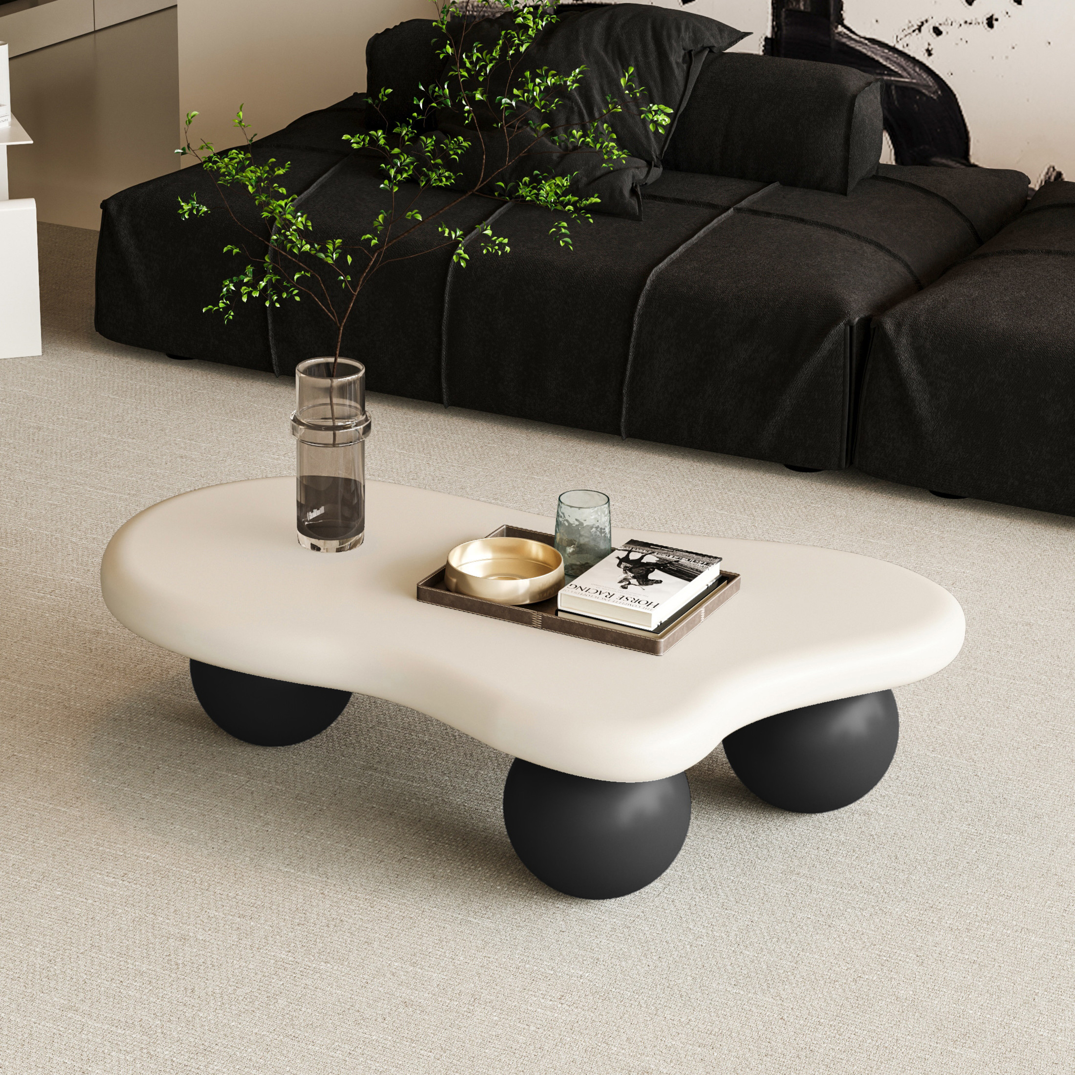 Noble House 40" Cloud Shaped Coffee Table with Ball Legs, Modern Aesthetic Accent Table for Living Room, White Top Black Legs