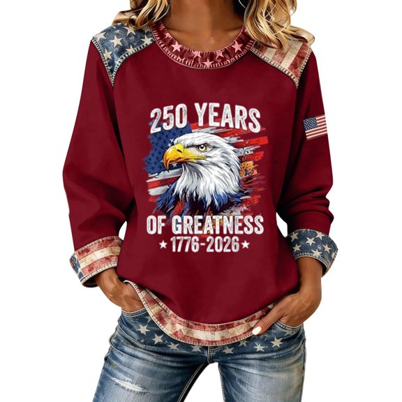 Women'S Casual Crewneck Sweatshirt USA 250th Anniversary Letter Print Hoodless Pullover Top For Spring Summer Daily Wear