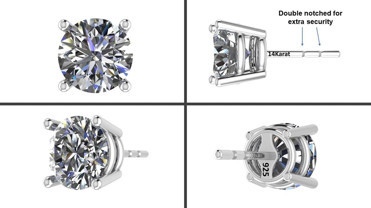 Central Diamond Center 2 Carat total weight Moissanite Stud Earrings Sterling Silver with 14k Gold post, Friction Platinum Plated - 6.5mm
