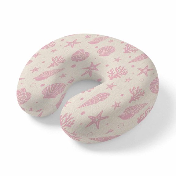 Neck Pillow Ocean Pink Shell Coral Conch Travel Pillow Memory Foam U Shaped Pillows, Marine Starfish on Farm Burlap Travel Neck Pillows for Airplane Car Office Home Sleeping Rest