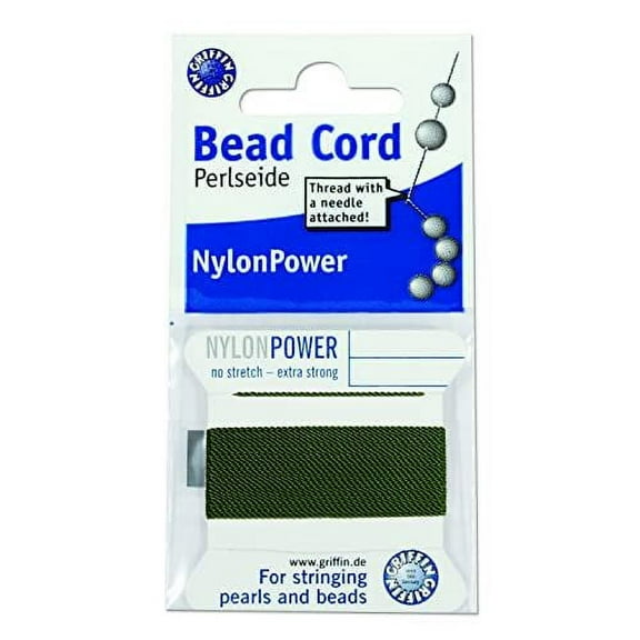 Griffin Nylon Bead Cord Perlseide – Olive Color – Size 0 (0.30mm) – 2 Meters per Card – Stainless Steel Needle Attached – for Knotting Pearls, Gemstones, Crystals and Beads