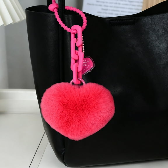 Heart Plush Keychain, Artificial Rabbit Hair Faux Fur Pompom Fluffy Bag Charm for Car Keyring, Purse, Backpack