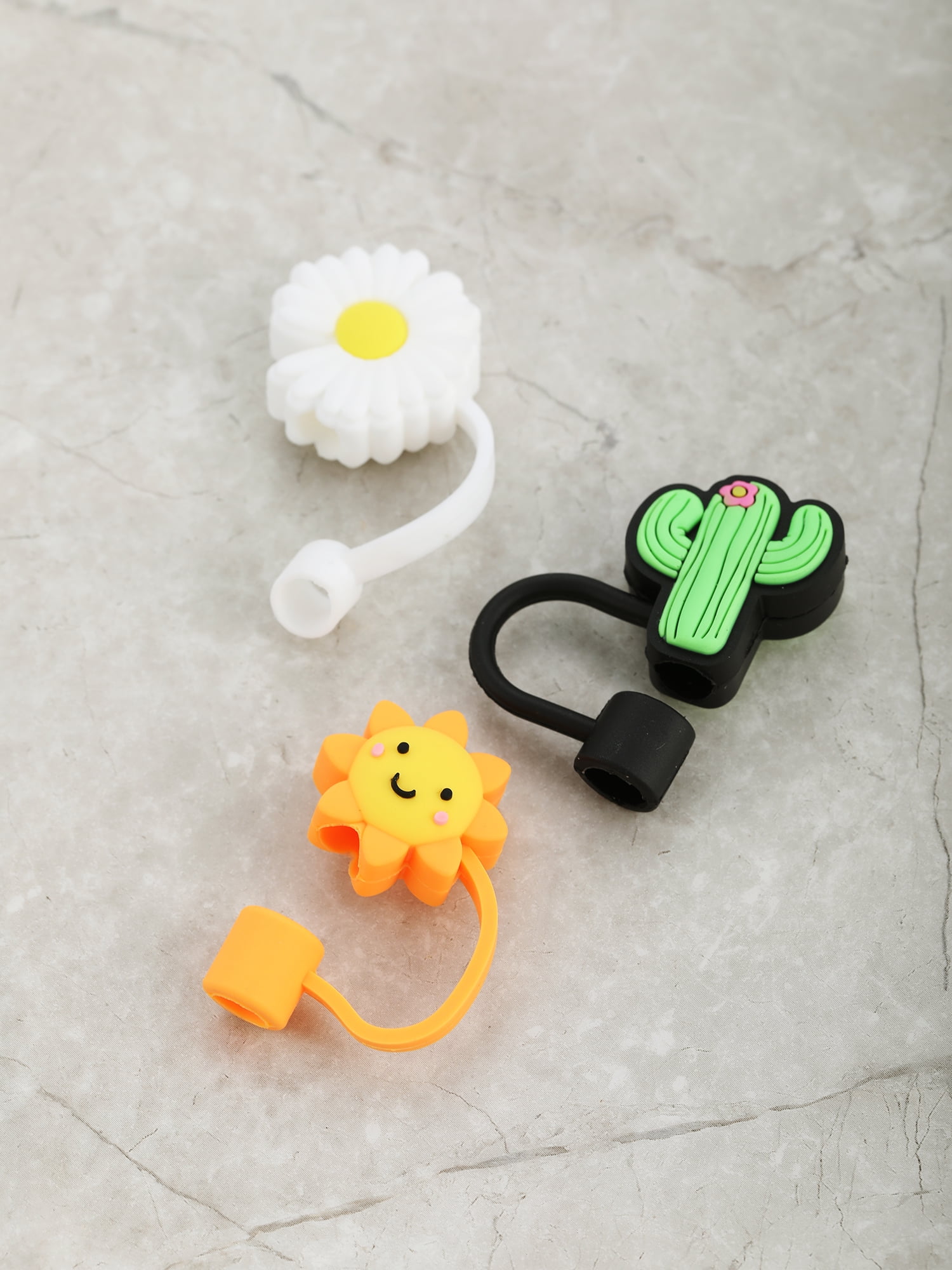 Wonder Nation 3-Pack Silicone Straw Topper Set, Reusable, Flower, Sun and Cactus, Multicolored, 3 Pieces