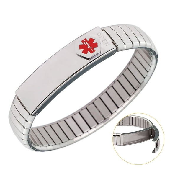 Wollet Medical Alert Bracelets for Women, 7in Stretchable Stainless Steel ID Bangles, Engraved Silver