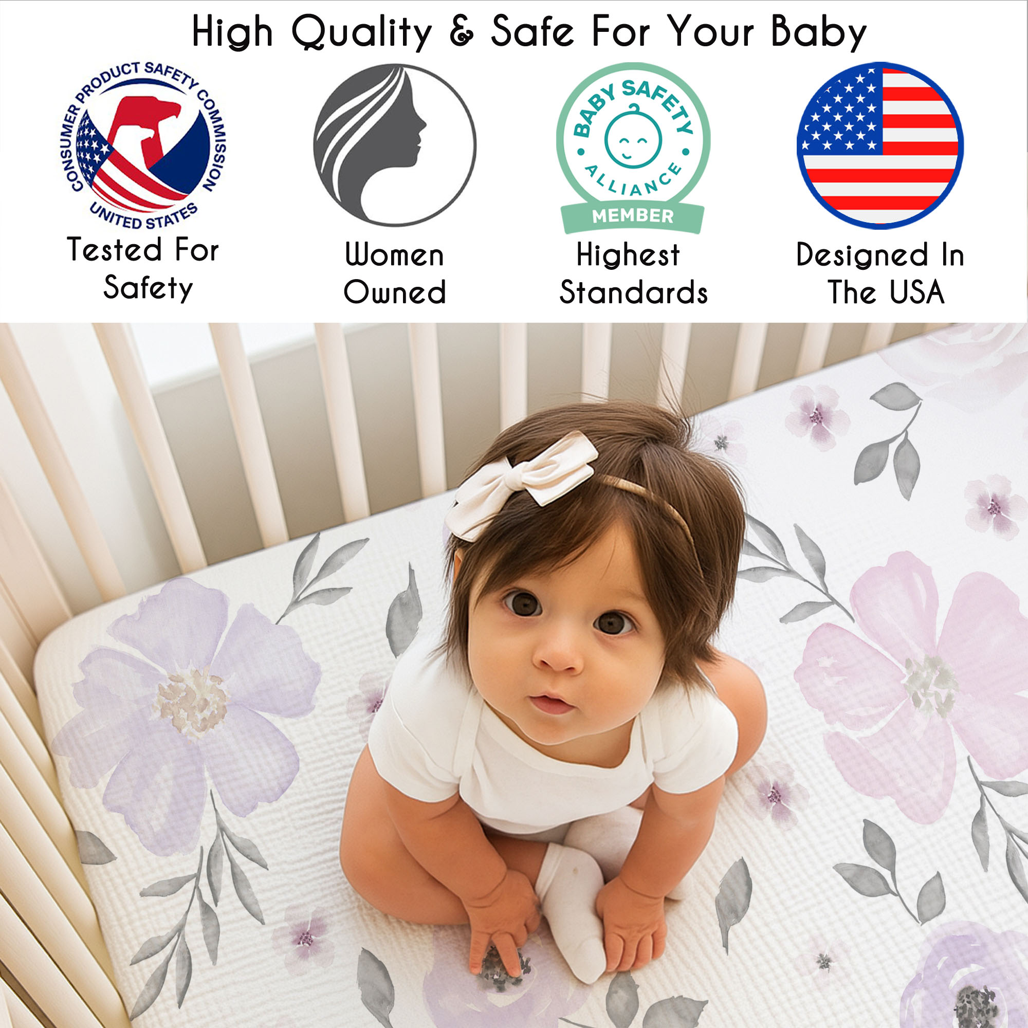 Sweet Jojo Designs Watercolor Floral Lavender And Grey Girl 100% Cotton Muslin Fitted Crib Sheet