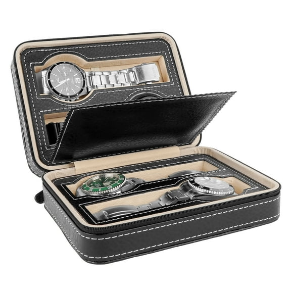 DODAMOUR 4 Slot Travel Watch Case, Vegan leather Watch Travel Storage Box Zipper Case, Portable Watch Holder Organizer for Men (Black)