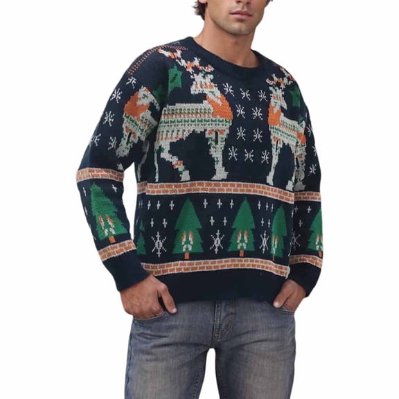 Bpyeka Men's Christmas Crew Neck Sweater Reindeer Snowflake Fair Isle Jacquard Thick Knit Loose Stretch Long Sleeve Holiday Pullover M-2XL