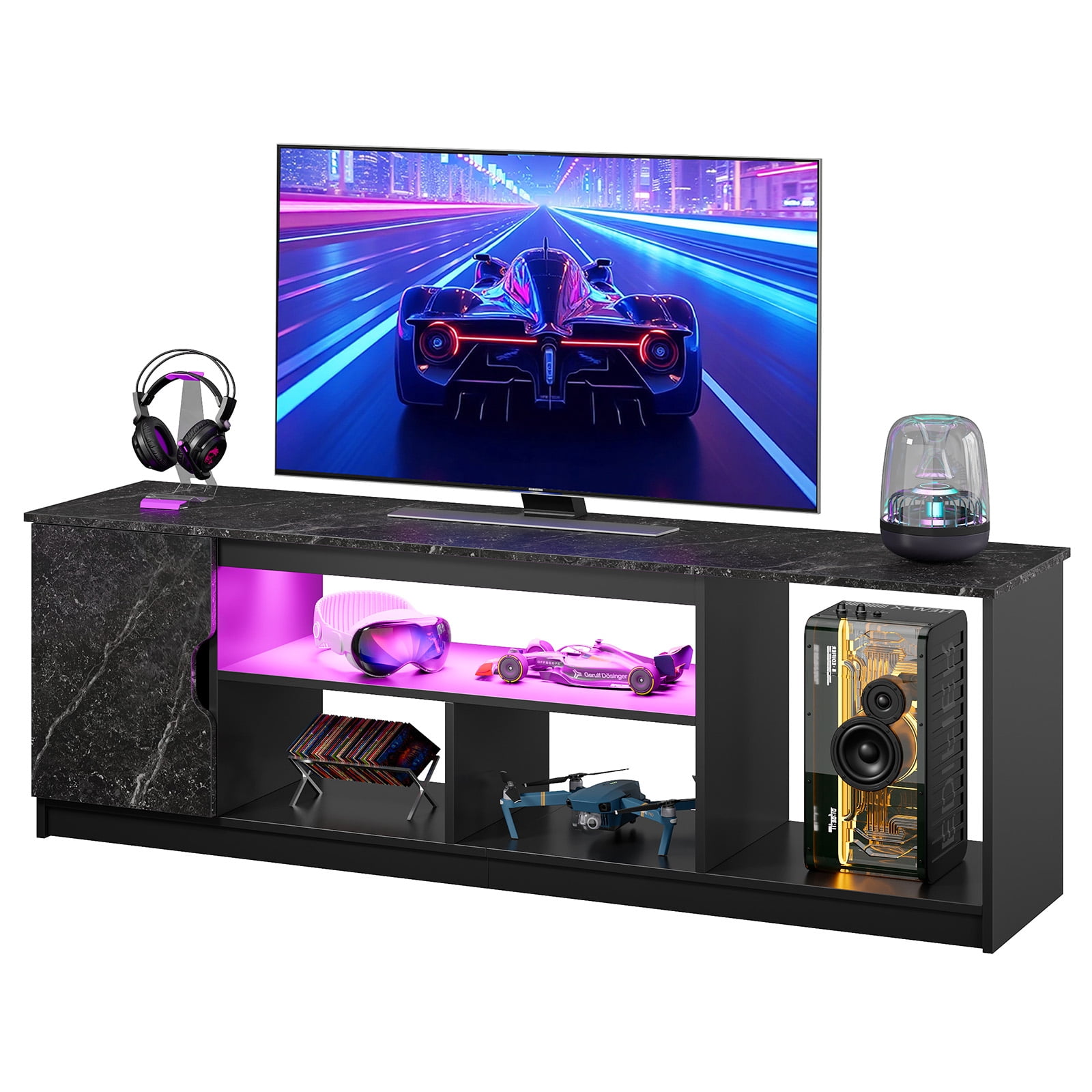 Bestier 63" LED TV Stand for TVs up to 70", Gaming Entertainment Center with PS5 Storage, Modern Media Console Table with 2-Tier Storage Shelves, Black Marble
