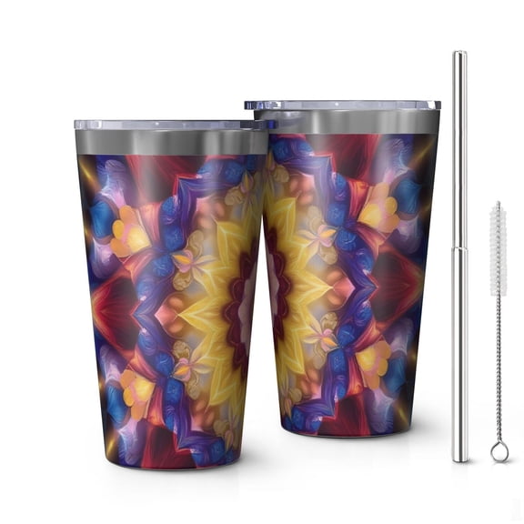16oz Tumblers Colorful Tie Dye Flower Mandala Pattern Stainless Steel Vacuum Insulated Double Wall Travel Tumbler Cups Mug with Lid and Straw,Cleaning Brush for Coffee,Tea