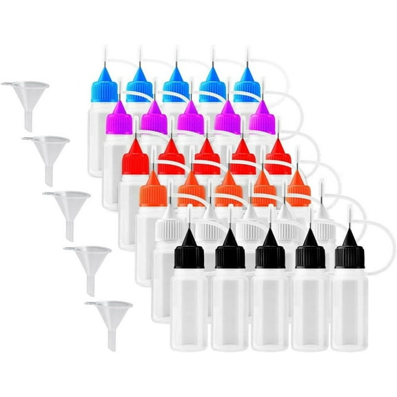 30 Pcs 10ml Needles Precision Tip Applicator Translucent Glue Bottles  6 Color Tips for DIY Quilling Craft Acrylic Painting with 5 Funnel