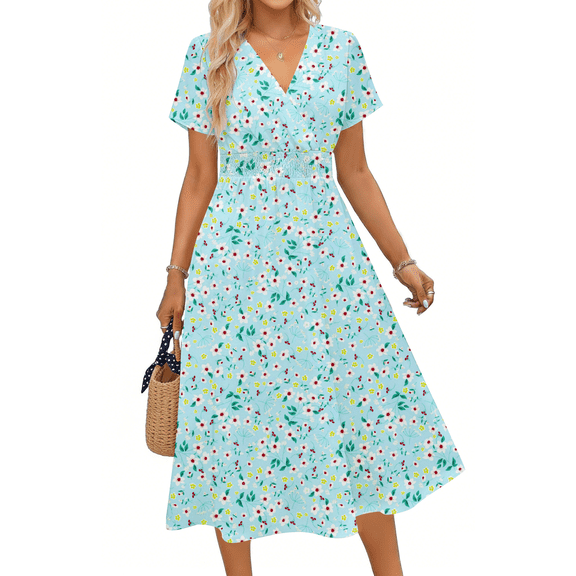 UVN Women Summer Dresses Short Sleeve V Neck A-Line Midi Dress Ladies Boho Beach Floral Print Sundress